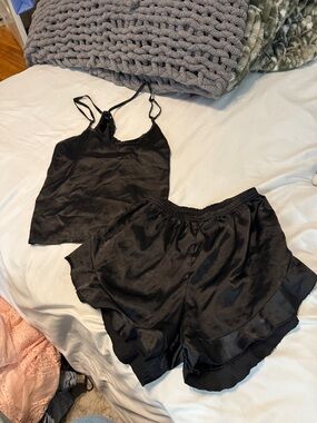 Black Satin Cami and Ruffle Short Sleep Set
